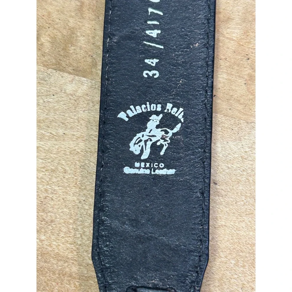 Palacios Belt Men 34 Black Western Tooled Eisenhower Dollar Buckle Leather